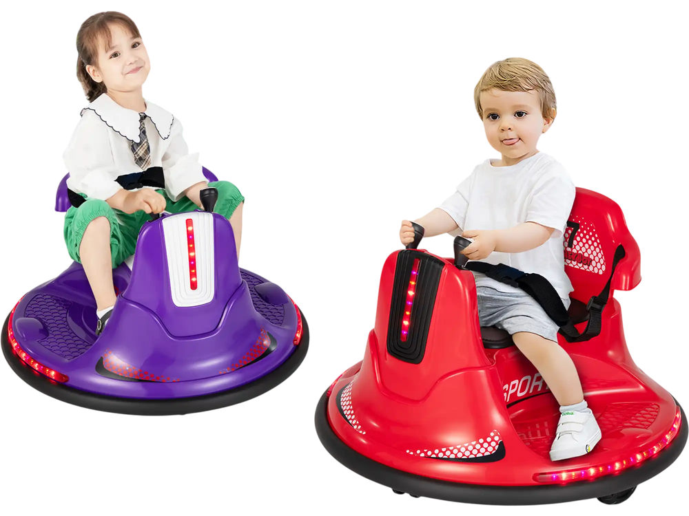 Kids riding red and purple 12V bumper cars with lights and music, designed for safe and fun outdoor play.
