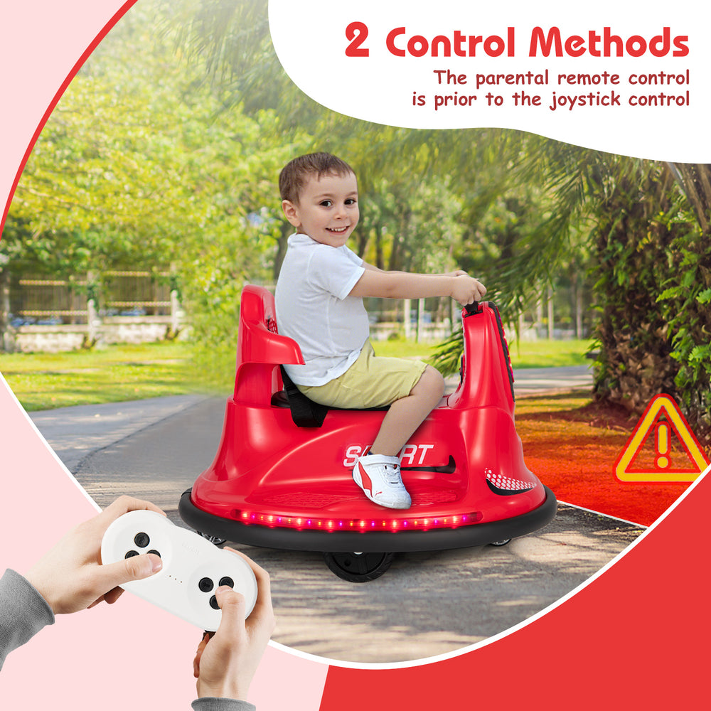 Red 12V kids ride-on bumper car with remote control, featuring lights and music, designed for safe and fun driving.