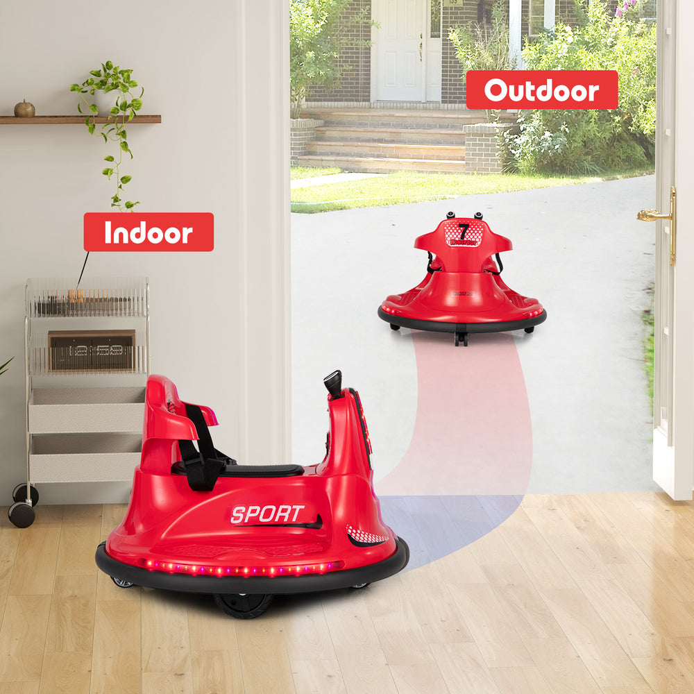 Red 12V kids ride-on bumper car with remote control, lights, and music, designed for indoor and outdoor fun.