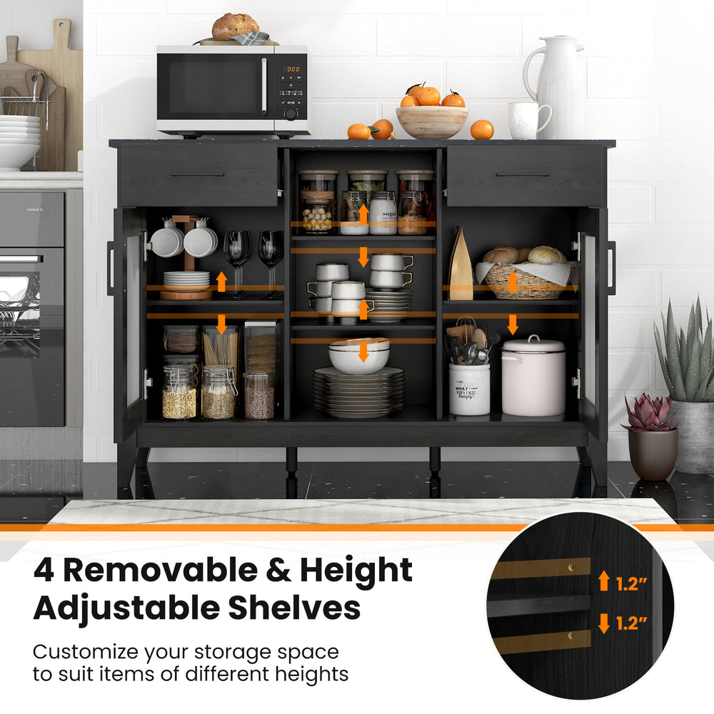 Black sideboard buffet cabinet featuring 2 drawers and 4 adjustable shelves for versatile storage in any living space.
