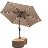 Tan 7.5 feet solar-powered patio umbrella with LED lights, crank handle, and push button tilt for outdoor relaxation.