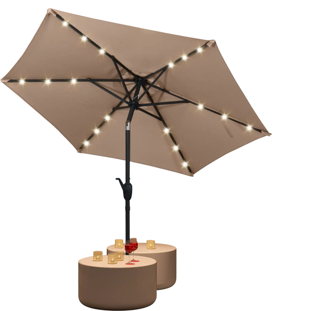Tan 7.5 feet solar-powered patio umbrella with LED lights, crank handle, and push button tilt for outdoor relaxation.