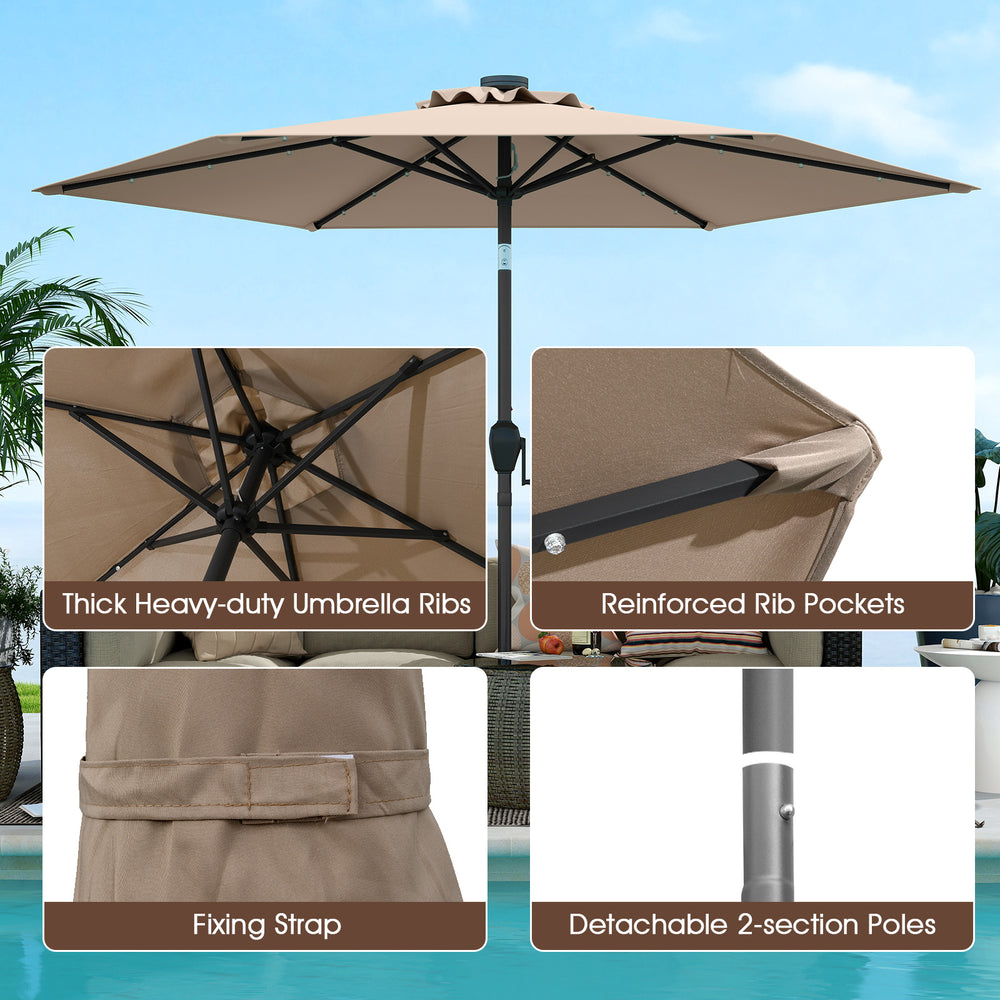 7.5 feet tan solar-powered patio umbrella with LED lights, featuring thick ribs and detachable poles for easy storage.