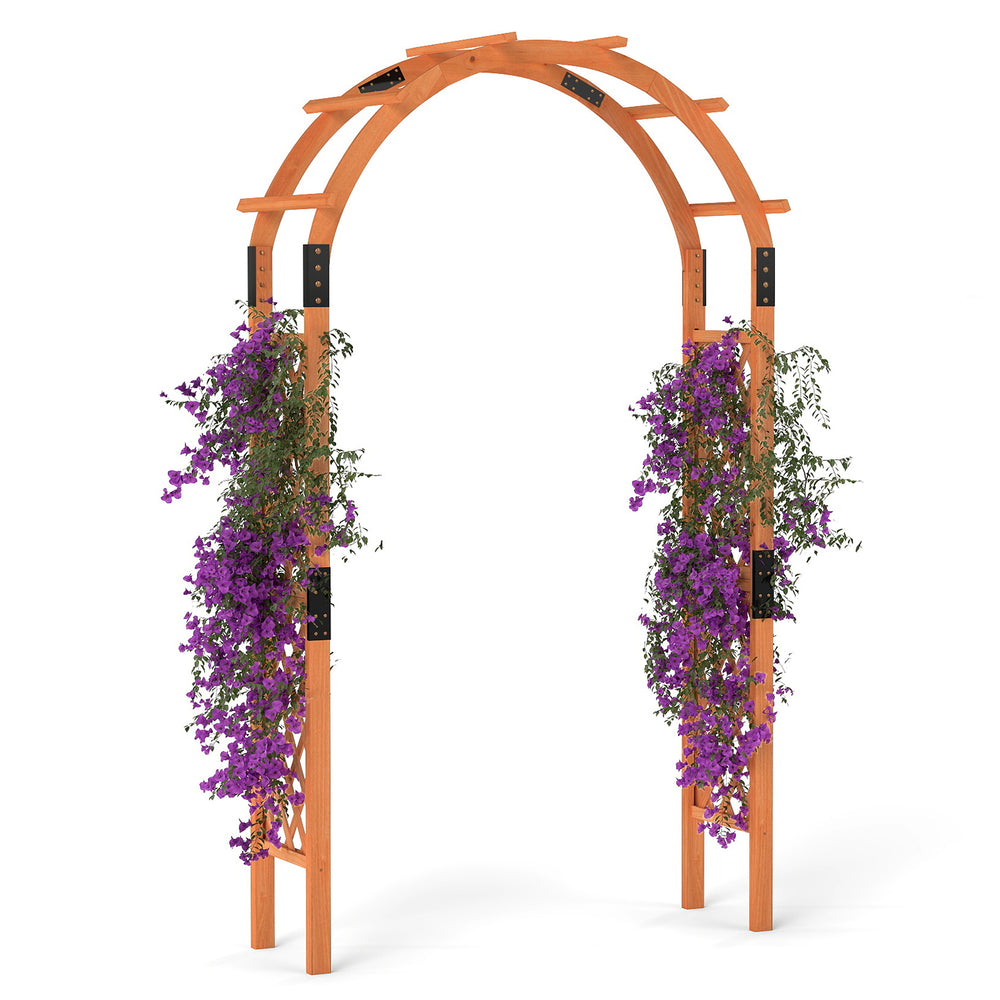 Wooden garden arch arbor with purple flowers, made of durable fir wood, ideal for climbing plants and outdoor decor.