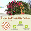 Wooden garden arch with arched roof and side trellises, ideal for climbing plants and hanging decorative ornaments.