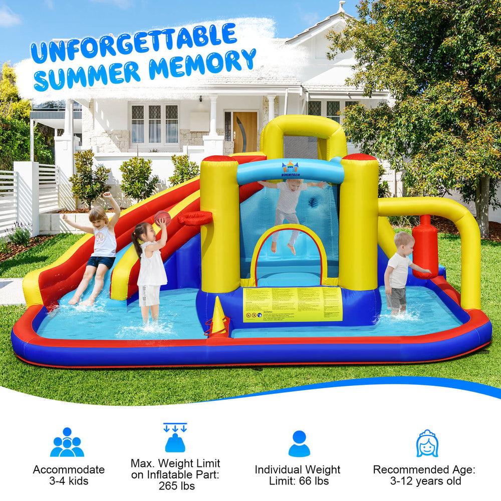 7-in-1 inflatable water slide bounce castle with splash pool, climbing wall, and space for 4 kids to play outdoors.