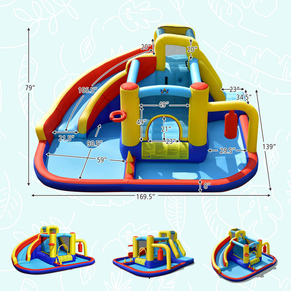 7-in-1 inflatable water slide bounce castle with splash pool, climbing wall, and safety mesh for outdoor fun.