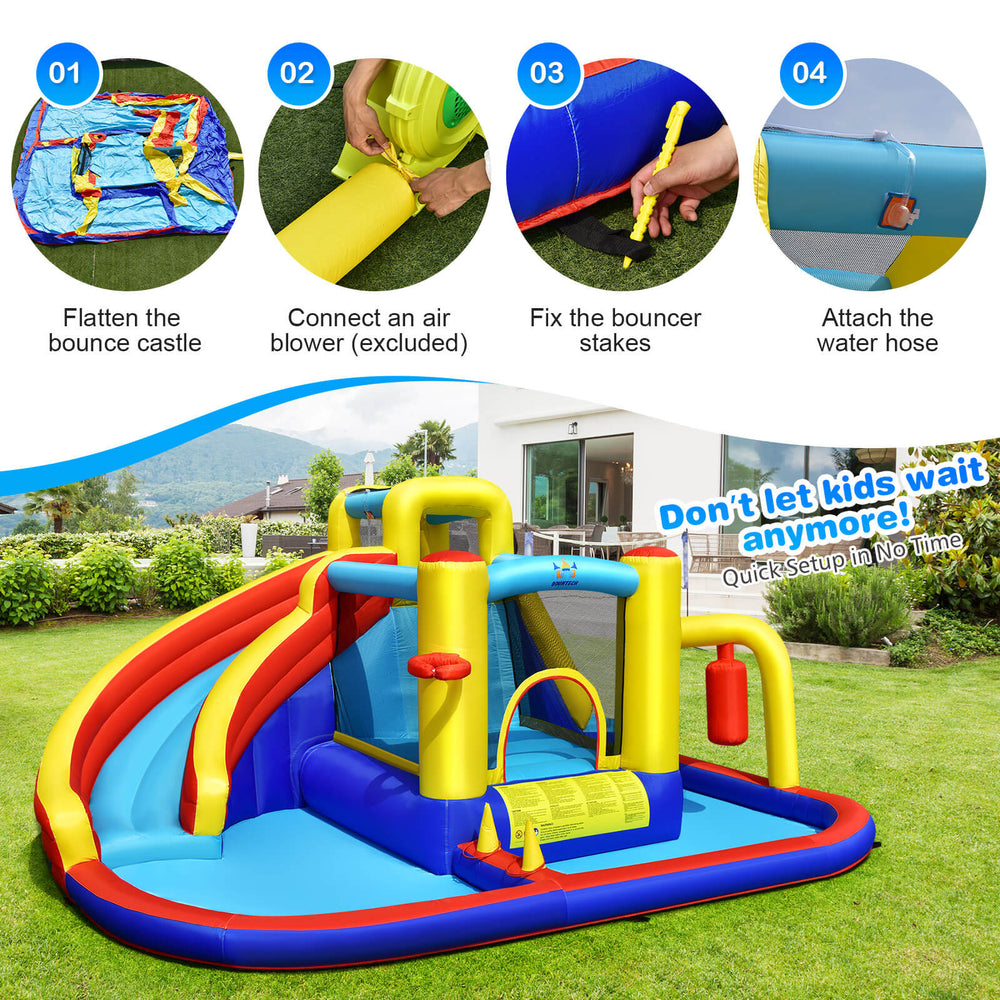 Inflatable water slide bounce castle featuring a climbing wall and bright colors, designed for outdoor play with.
