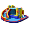 Colorful 7-in-1 inflatable water slide bounce castle with climbing wall and splash pool for outdoor fun with friends.