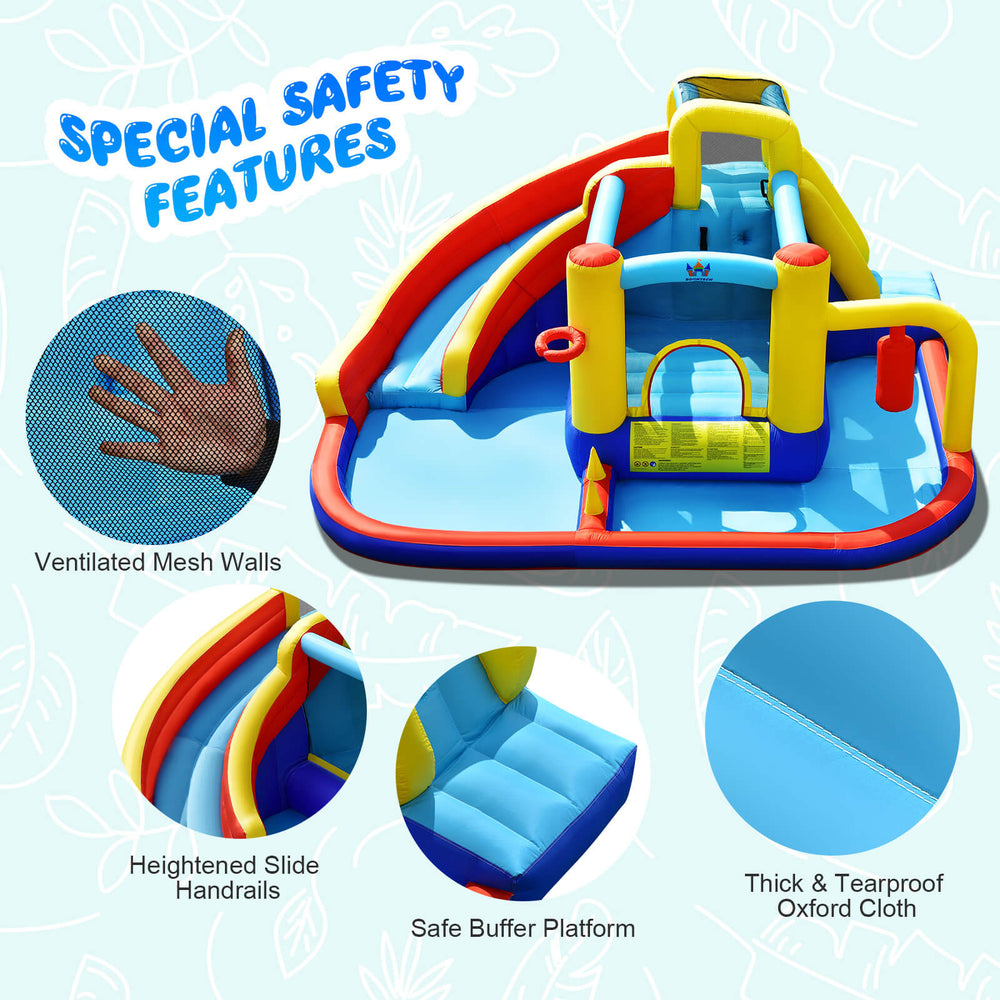 Inflatable water slide bounce castle featuring safety mesh walls, climbing wall, and splash pool for outdoor fun.