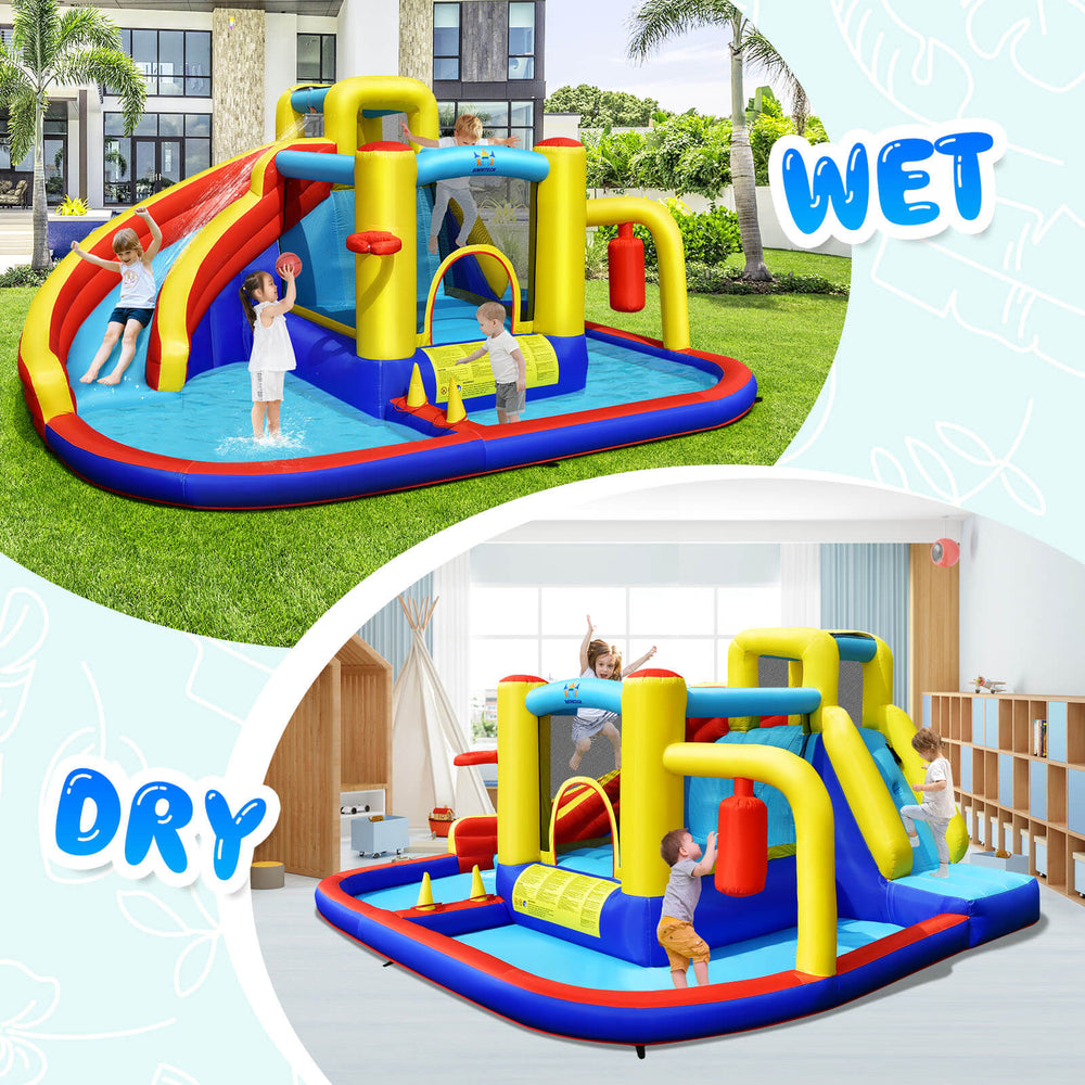 Inflatable 7-in-1 water slide bounce castle with splash pool, climbing wall, and games for outdoor fun.