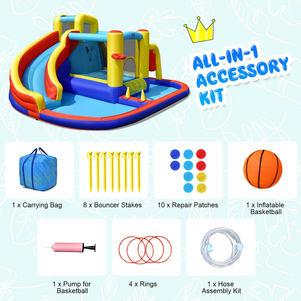 7-in-1 inflatable water slide bounce castle with splash pool, climbing wall, and accessory kit for outdoor fun.
