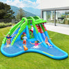 Inflatable crocodile-style water slide with double slides, climbing wall, and splashing pool for kids' outdoor fun.