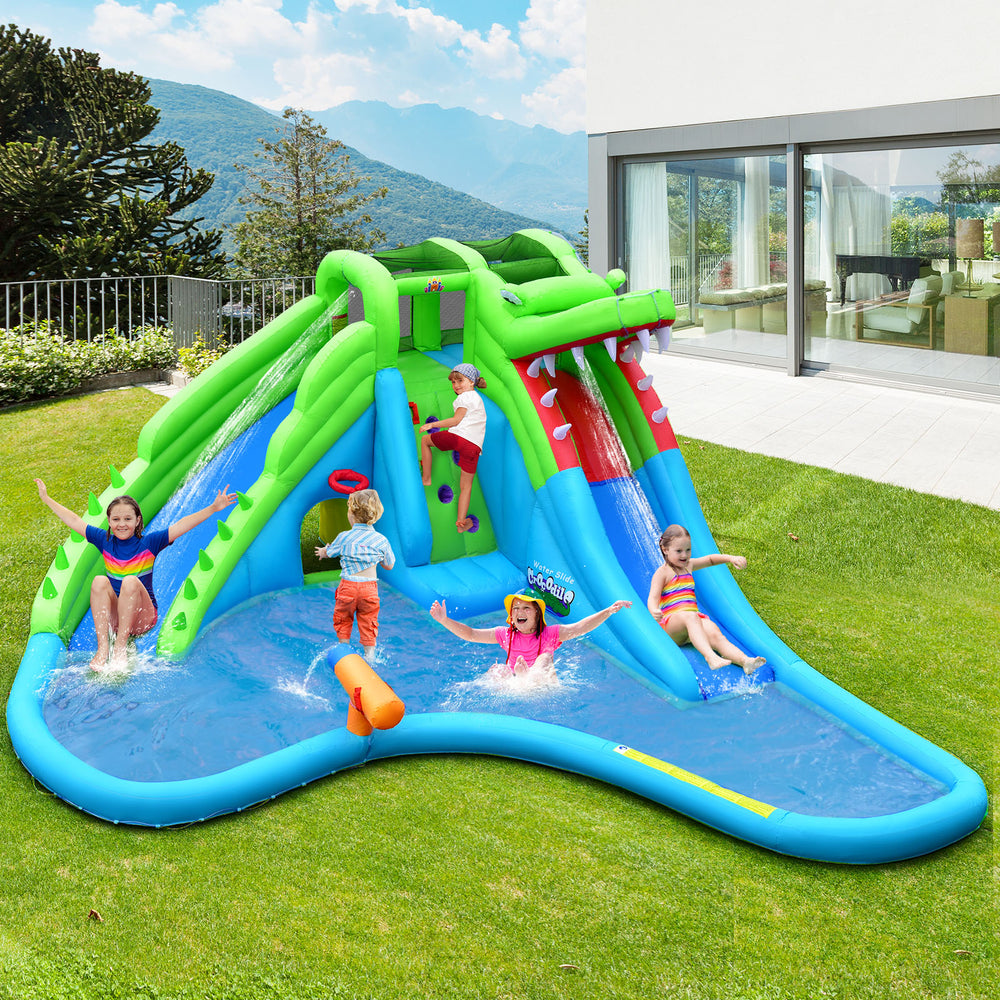 Inflatable crocodile-style water slide with double slides, climbing wall, and splashing pool for kids' outdoor fun.