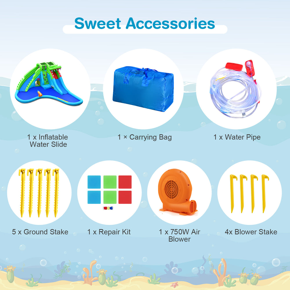 Inflatable crocodile style water slide accessories including carrying bag, water pipe, stakes, and air blower for easy.