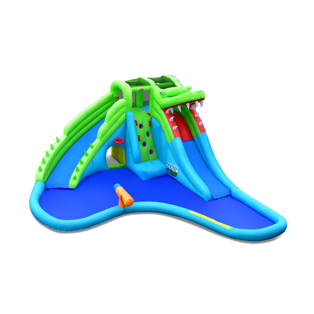 Side view of the inflatable crocodile style water slide showcasing the climbing wall and vibrant colors for exciting.