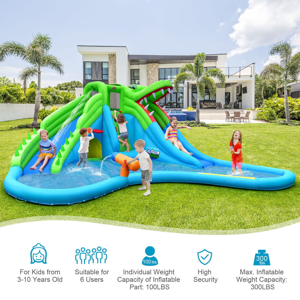 Kids enjoying the Inflatable Crocodile Style Water Slide with double slides, climbing wall, and splashing pool for.