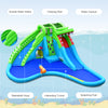 Inflatable crocodile water slide with double slides, climbing wall, and splashing pool for kids' outdoor fun.