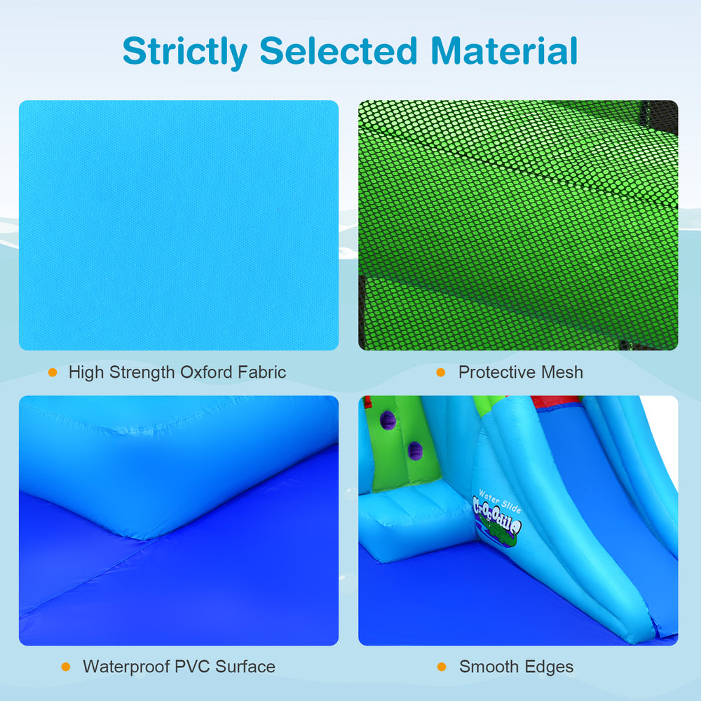 Close-up of the waterproof PVC surface and protective mesh of the inflatable crocodile water slide for kids' fun.