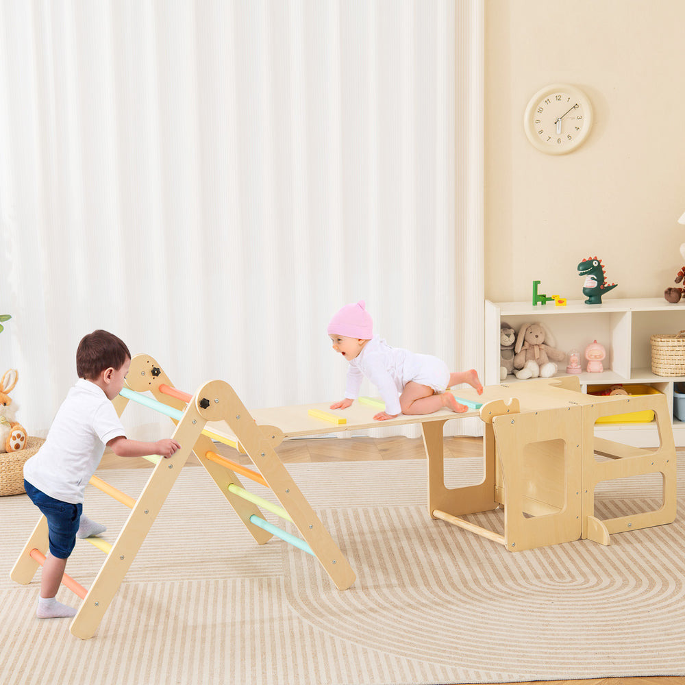 Toddler climbing toy set with slide, climbing ramp, and table for kids aged 3-14, perfect for playrooms and nurseries.