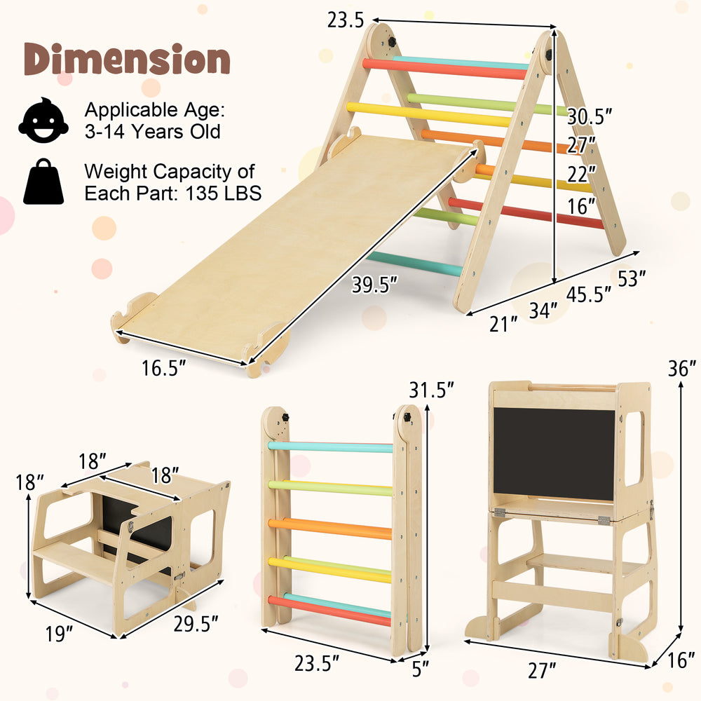7-in-1 toddler climbing toy set with sliding ramp, climbing ladder, and chalkboard for kids aged 3-14 years.