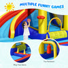 Inflatable water slide with climbing wall, basketball hoop, and ring toss for outdoor fun and safe play for kids.