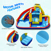 Inflatable water slide with safety features, including mesh walls and reinforced handrails, for outdoor fun and play.