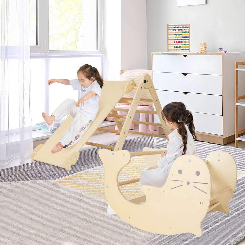 Indoor climbing toys for toddlers featuring a slide and fish-shaped rocker, promoting physical fitness and coordination.