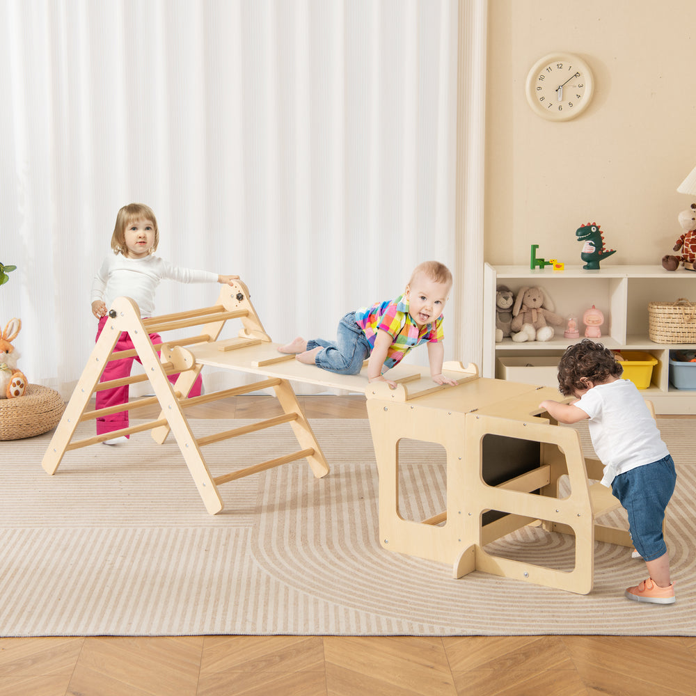 7-in-1 Toddler Climbing Toy Connected Table and Chair Set for Boys and Girls Aged 3-14 Years Old-Natural - Gallery View 1 of 11