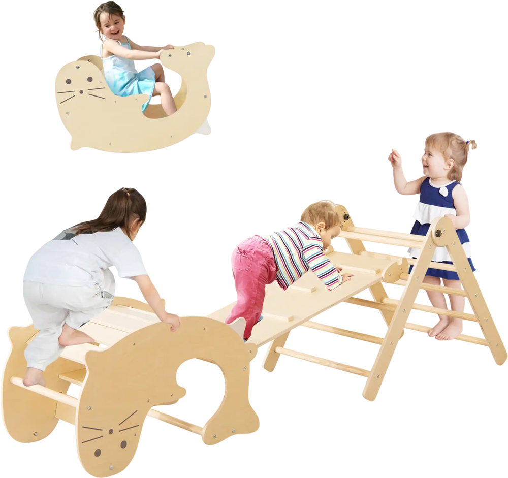 Indoor climbing toy set for toddlers featuring a climbing ladder, slide, and triangle tunnel for active play and.