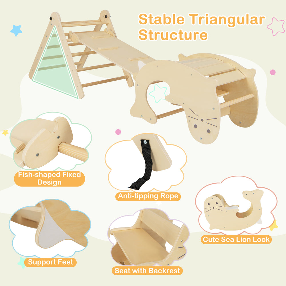 7-in-1 indoor climbing toy set featuring a triangular structure, adjustable climbing ladder, and fish-shaped design for.