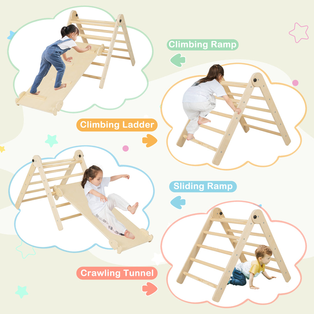 Climbing ramp from the 7-in-1 indoor climbing toys for toddlers, featuring a natural wood finish for safe play.