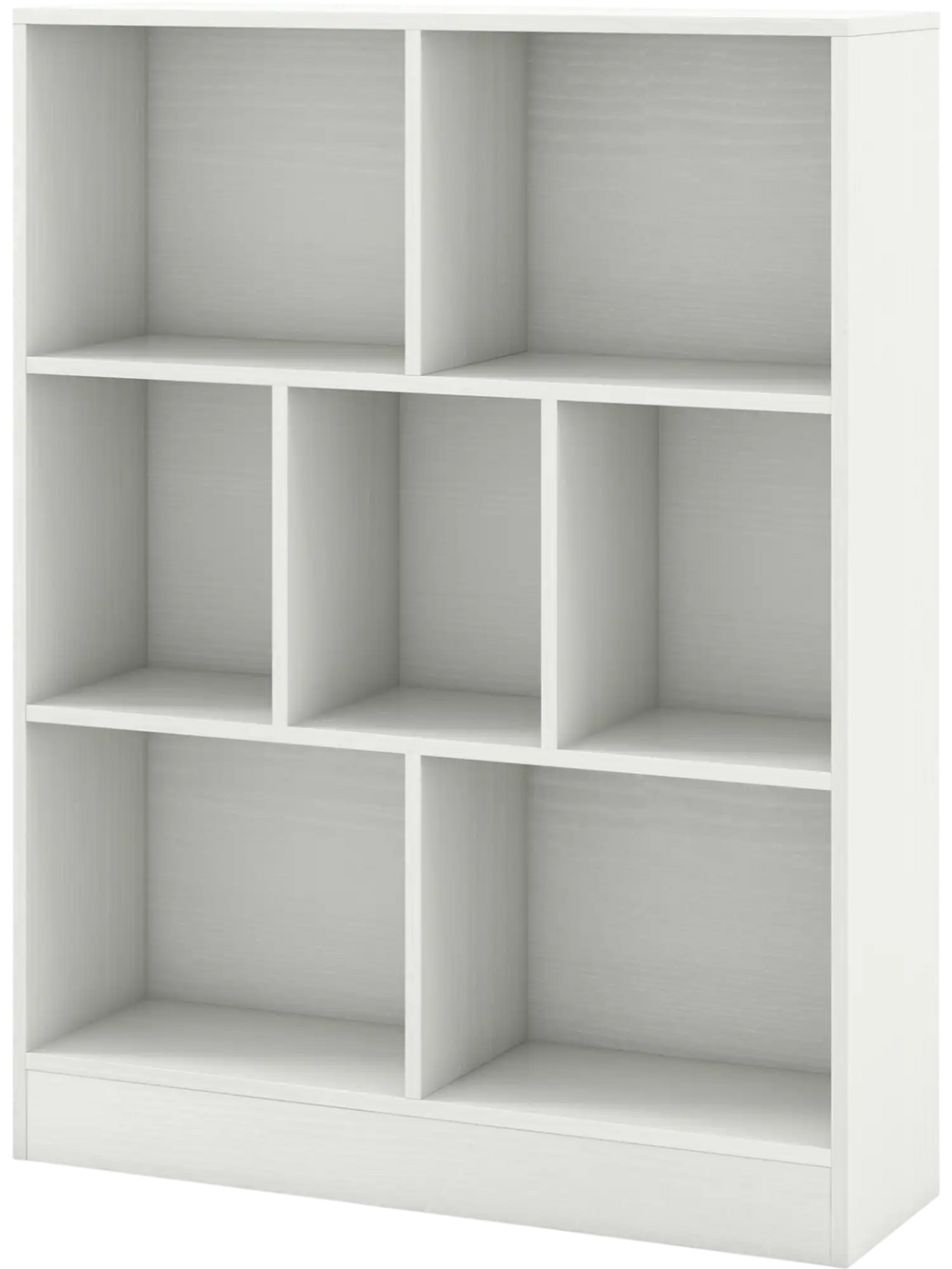 7-section freestanding bookshelf in white, ideal for kids' rooms, classrooms, and nurseries with ample storage space.