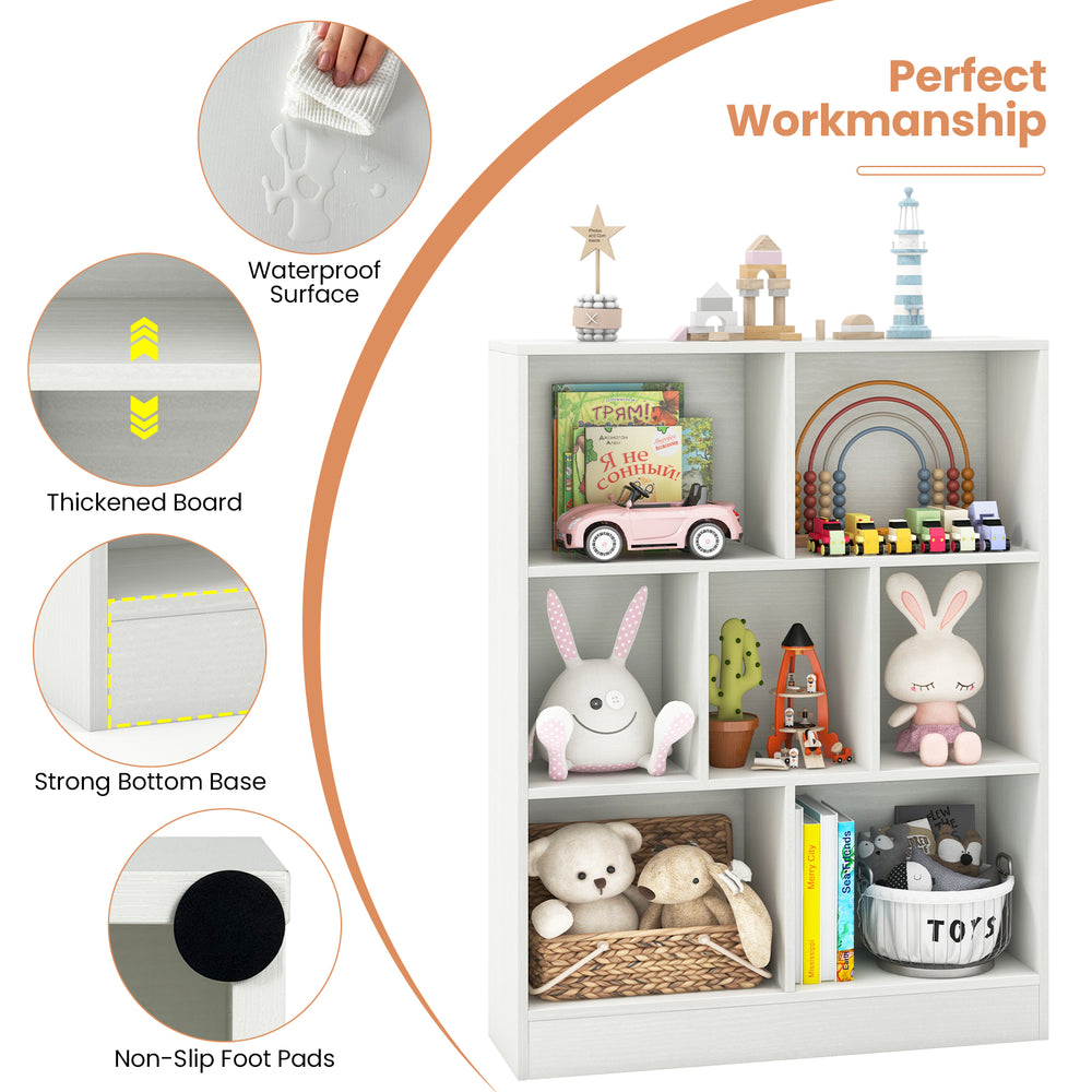 7-section freestanding bookshelf in white, featuring waterproof surface and strong base, ideal for kids' room.