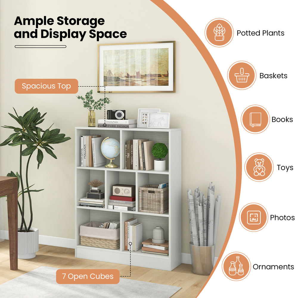 7-section freestanding bookshelf in white with spacious top and 7 open cubes for kids' room, daycare, or classroom.