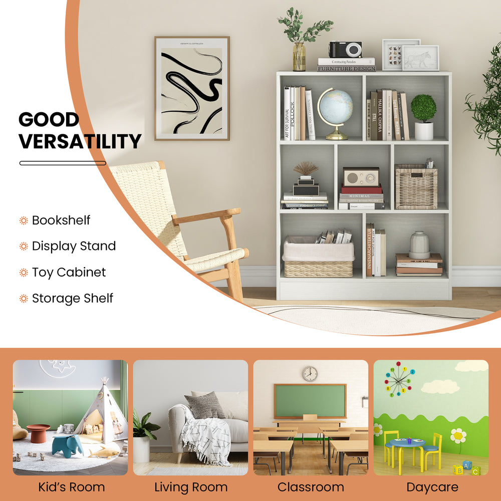 7-section freestanding bookshelf in white, perfect for kids' rooms and classrooms, offering ample storage and display.
