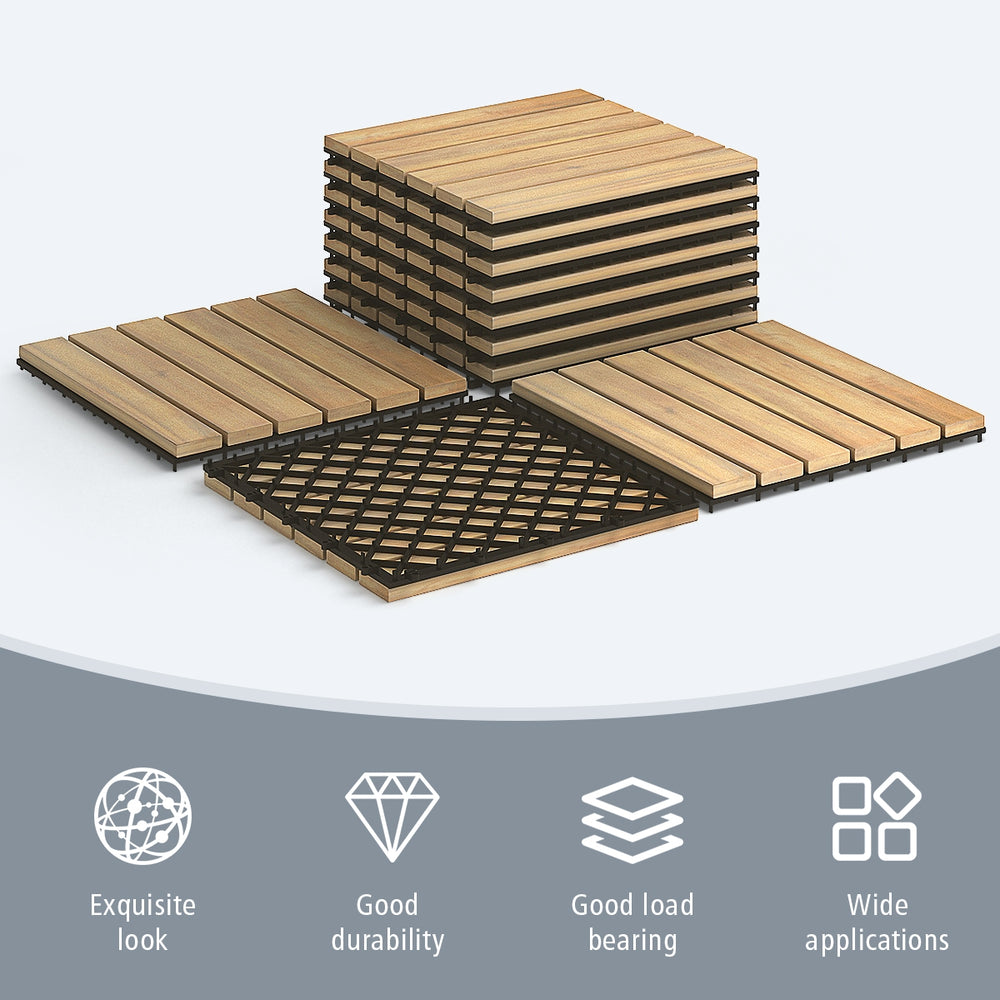 Acacia wood interlocking tile flooring set, 12x12 inches, showcasing durable design for garden, balcony, or poolside.