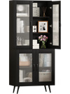 Tall black kitchen pantry cabinet with 4 transparent doors, adjustable shelves, and metal support legs for modern.