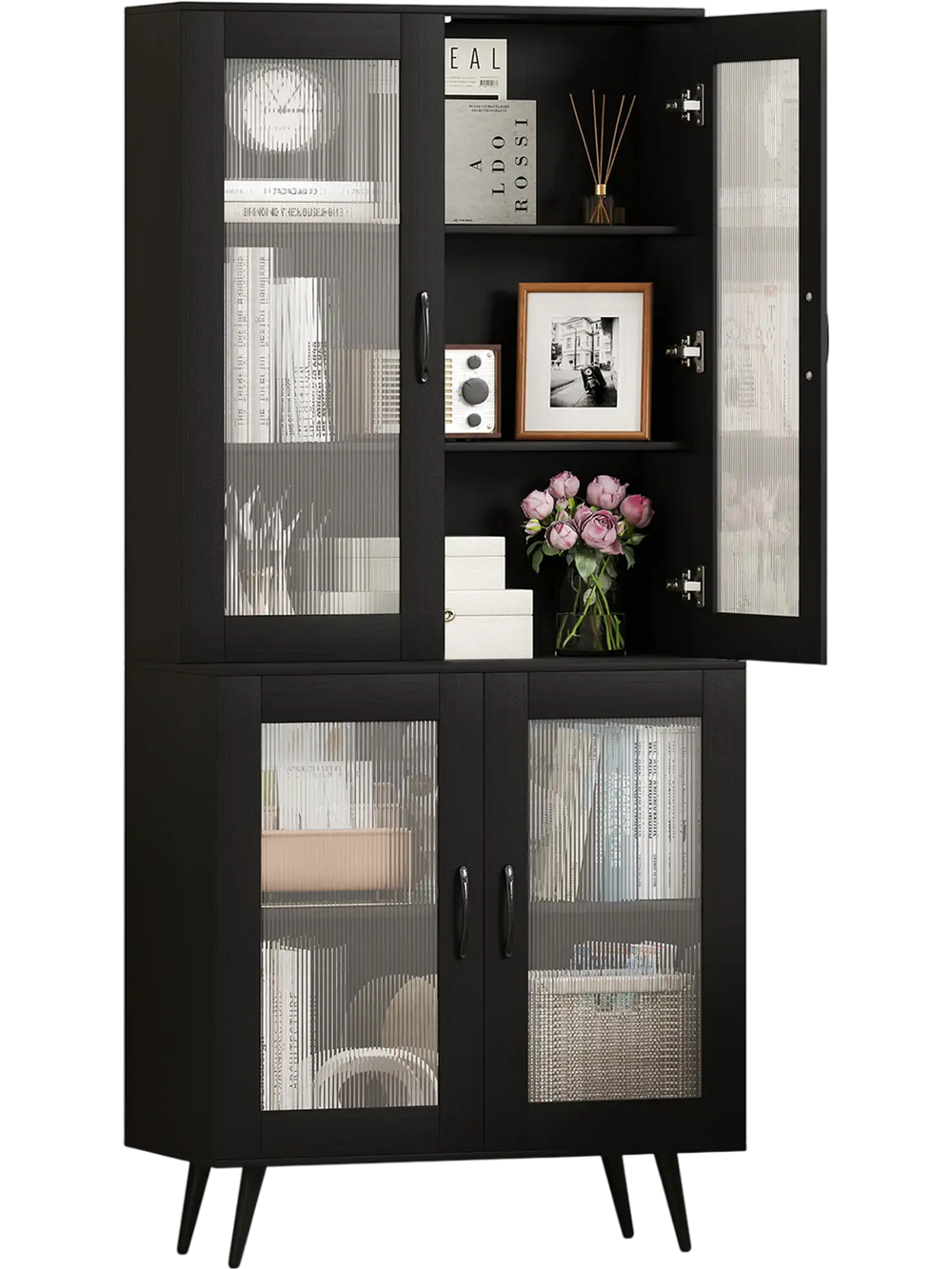 Tall black kitchen pantry cabinet with 4 transparent doors, adjustable shelves, and metal support legs for modern.