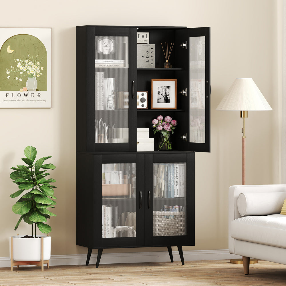 70.5 inch Tall Kitchen Pantry Cabinet Cupboard with 4 Transparent Doors-Black - Gallery View 1 of 10
