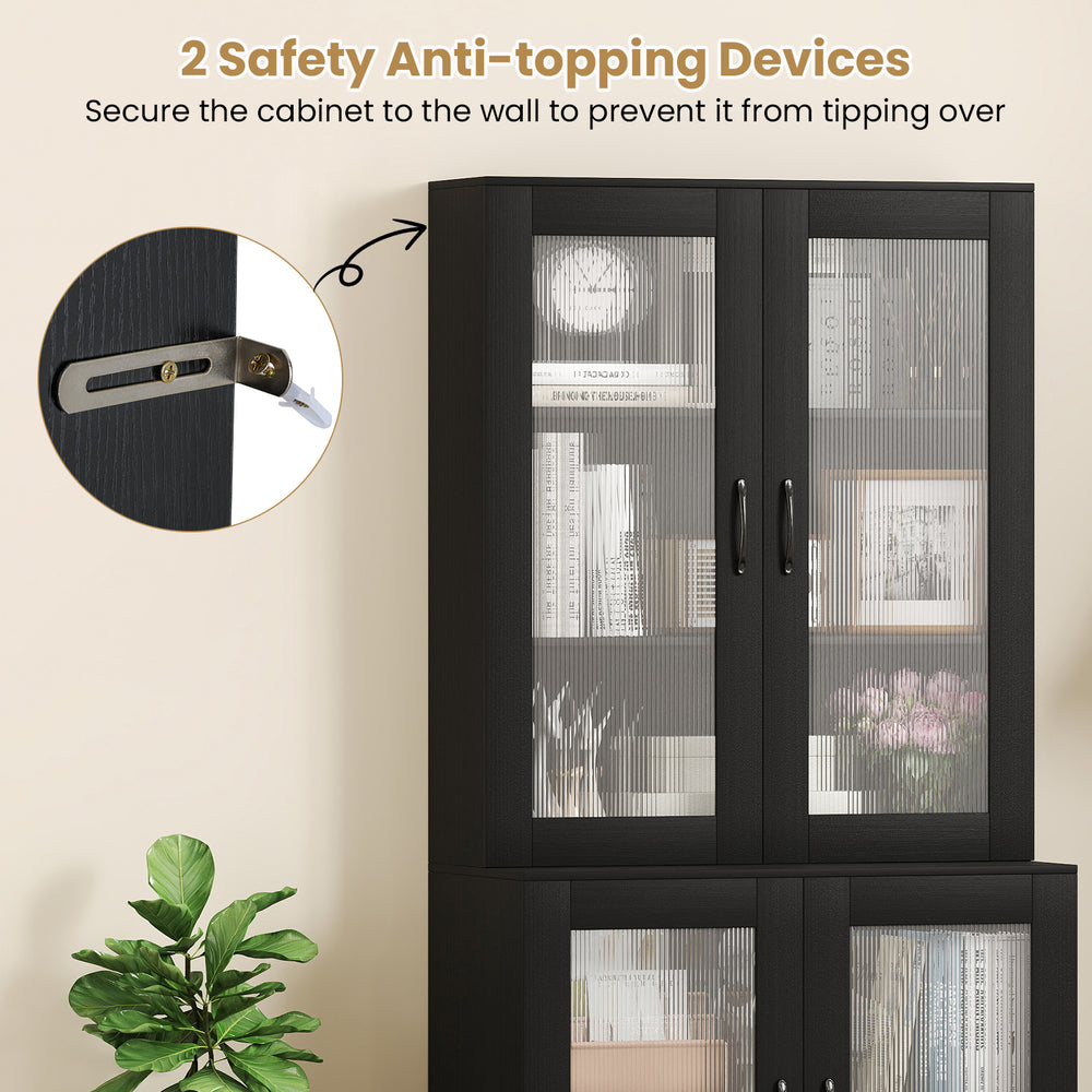 Tall black kitchen pantry cabinet with transparent doors and safety anti-tipping devices for secure storage.