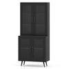 Tall black kitchen pantry cabinet with 4 transparent doors and adjustable shelves for organized storage in dining or.