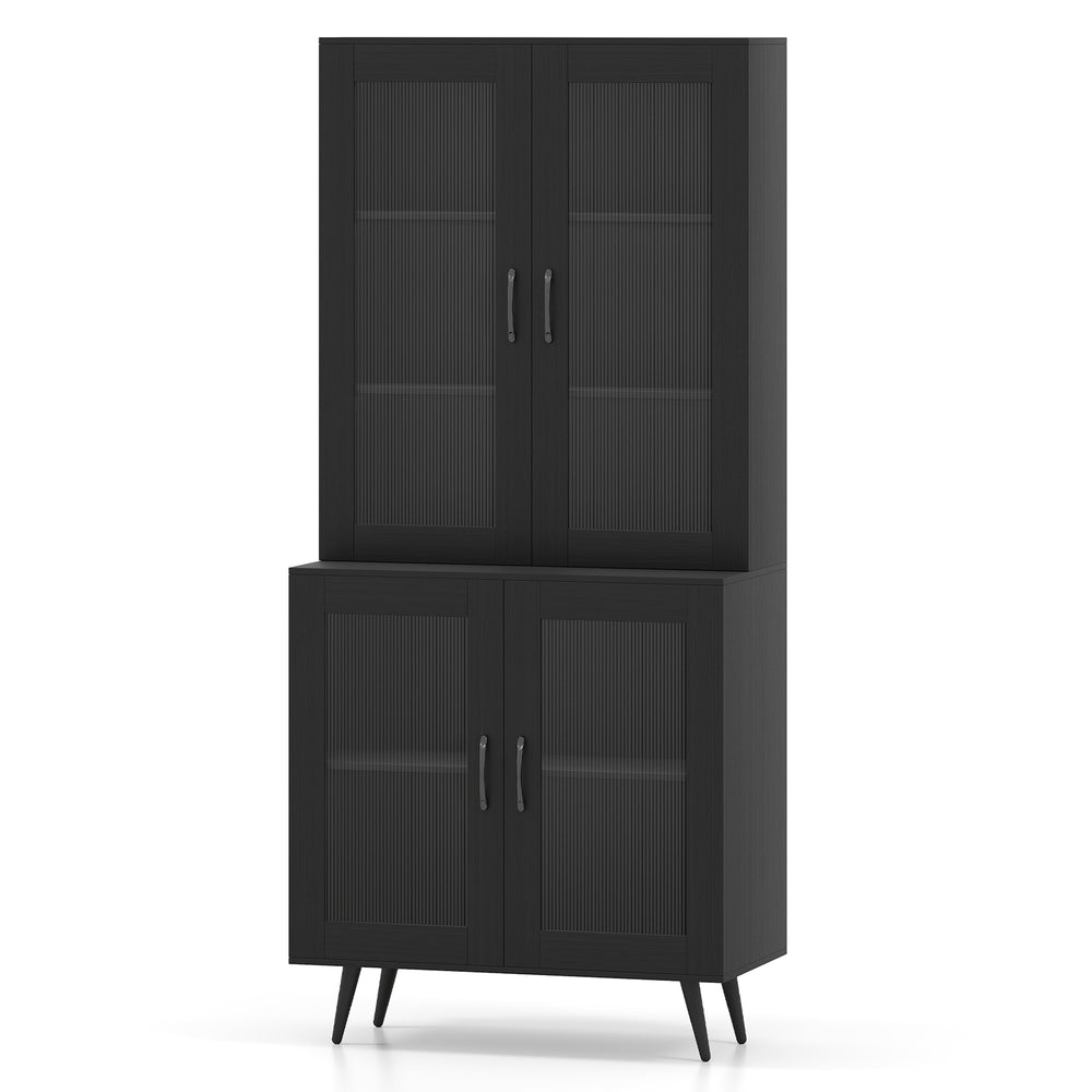 Tall black kitchen pantry cabinet with 4 transparent doors and adjustable shelves for organized storage in dining or.
