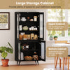Large black kitchen pantry cabinet with transparent doors, featuring adjustable shelves for organized storage in dining.