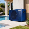 70000 BTU swimming pool heat pump in blue, designed for pools up to 21419 gallons, ideal for outdoor and indoor use.