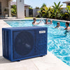 70000 BTU swimming pool heat pump in blue, designed for pools up to 21,419 gallons, with a 1/2/3-hour timer.