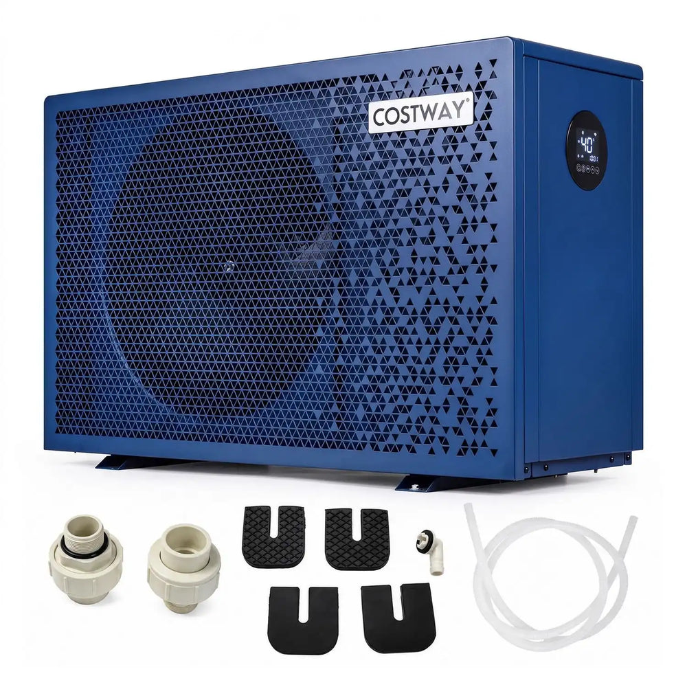 70000 BTU swimming pool heat pump in blue, designed for pools up to 21,419 gallons with a 1/2/3 hour timer and quiet operation.