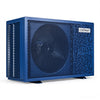 70000 BTU swimming pool heat pump in blue featuring a robust design with knockout holes and a protective mesh guard for durability.
