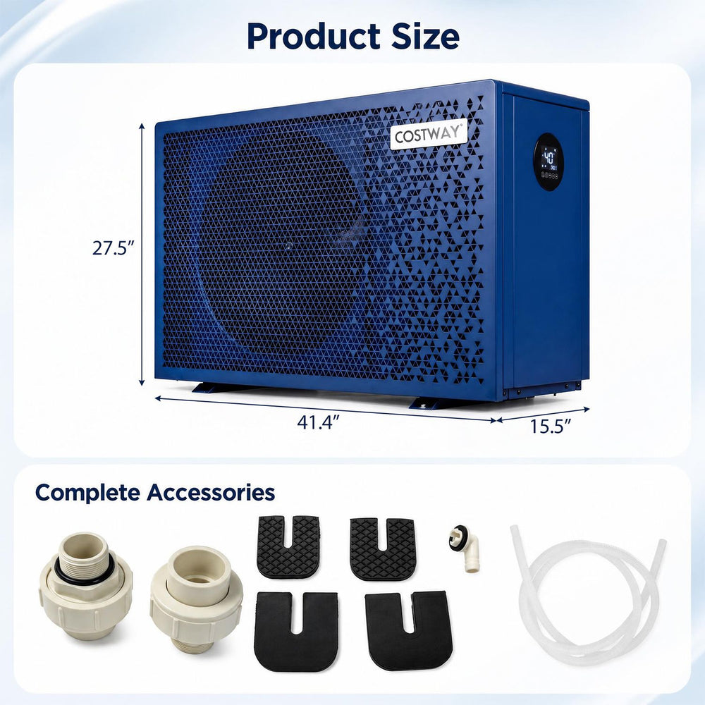 70000 BTU swimming pool heat pump in blue, designed for pools up to 21419 gallons with a 1/2/3 hour timer for convenience.