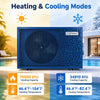 70000 BTU swimming pool heat pump in blue, suitable for pools up to 21419 gallons, with heating and cooling modes.